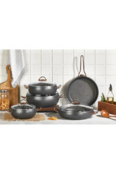 OMS COLLECTION - ESPELA - 3545 - 9 Parça - Bio Granit -Tencere, Tava, Çeyiz Seti, Antrasit Renk - Bakır Detay OMS COLLECTION - ESPELA - 3545 - 9 Parça - Bio Granit -Tencere, Tava, Çeyiz Seti, Antrasit Renk - Bakır Detay