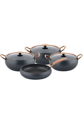 MERIDIAN - 3528 - 7 Parça, Bio Granit, Tencere, Tava, Çeyiz Seti, Antrasit Gövde, Bakır Detay
