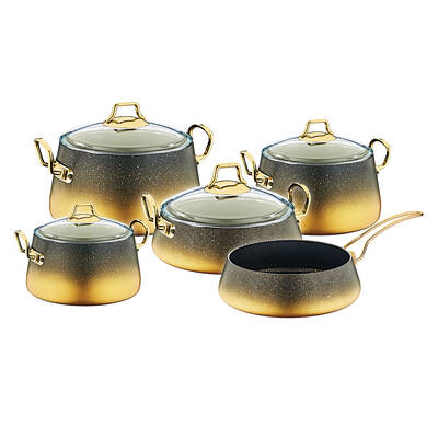 Oms Collection 3042 9 Parça Biogranit Keops Tencere Seti Siyah Gold Renk
