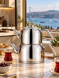 Oms Collection 4 Parça Çelik İndüksiyon Taban Üst; 1,80 Lt. - Alt; 3,20 Lt. Çaydanlık ( 8080 - XL ) - Thumbnail