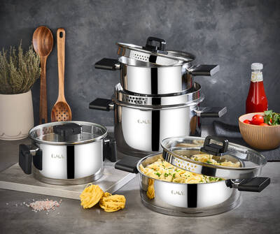 Oms Collection 8 Parça Katlanabilir Saplı Süzgeç Ağızlı İndüksiyon Taban Çelik Tencere Seti ( 1151 - Gümüş )