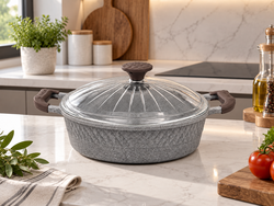 Oms Collection - Biogranit Ağır Döküm 26x7,5 Cm - 3,40 Litre Basık Tencere ( 3632 - Gri ) - Thumbnail