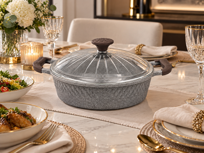 Oms Collection - Biogranit Ağır Döküm 26x7,5 Cm - 3,40 Litre Basık Tencere ( 3632 - Gri )