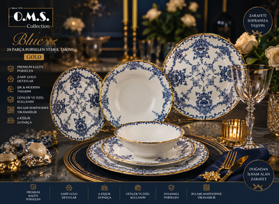 Oms Collection - Blue 24 Parça Premium Kalite Porselen Yemek Takımı Gold ( 11107 )