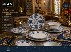 Oms Collection - Blue 24 Parça Premium Kalite Porselen Yemek Takımı Gold ( 11107 ) - Thumbnail