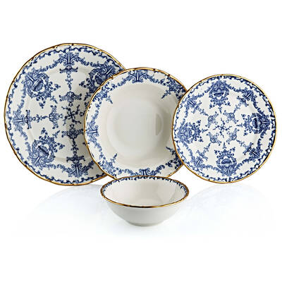 Oms Collection - Blue 24 Parça Premium Kalite Porselen Yemek Takımı Gold ( 11107 )