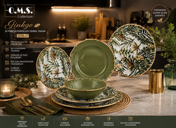 OMS COLLECTION - Oms Collection - Ginkgo 24 Parça Premium Kalite Porselen Yemek Takımı Gold ( 11107 )