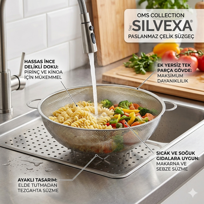 Oms Collection SILVEXA Ayaklı %100 Paslanmaz Çelik İnce Delikli Süzgeç ( 7502 - 19 Cm - Gümüş )