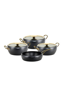 SIRENA - 3540 -7 Parça, Bio Granit, Pfoa, Ptfe Free, Tencere, Tava Çeyiz Seti, Antrasit, Gold Detay