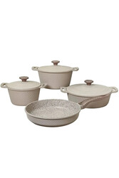 OMS COLLECTION - Triana - 3537 - 9 Parça Biogranit, Döküm, Tencere , Tava, Çeyiz Seti - Krem Renk