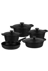 OMS COLLECTION - Trıana - 3537 - 9 Parça Biogranit, Döküm, Tencere , Tava, Çeyiz Seti - Siyah Renk