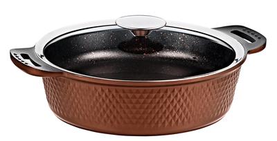 TRIANA - 3631 - 2 Parça Biogranit Döküm, Ağır Üstün Kaliteli ve Şık Tasarımlı, 26 Cm - 3,4 Litre, Karnıyarık, Pilav Tenceresi Bronz Gövde, Platin Detay