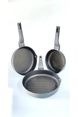 WAVE - 3738 - 3 Parça Biogranit, Döküm, Grill Özellikli, Ergonomik Saplı, Tava Seti Antrasit