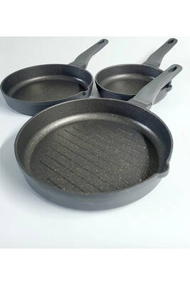 WAVE - 3738 - 3 Parça Biogranit, Döküm, Grill Özellikli, Ergonomik Saplı, Tava Seti Antrasit