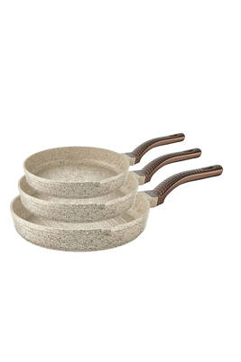 WAVE - 3738 - 3 Parça Biogranit, Döküm, Grill Özellikli, Ergonomik Saplı, Tava Seti Kum Beji