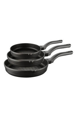 WAVE - 3738 - 3 Parça Biogranit, Döküm, Grill Özellikli, Ergonomik Saplı, Tava Seti Siyah